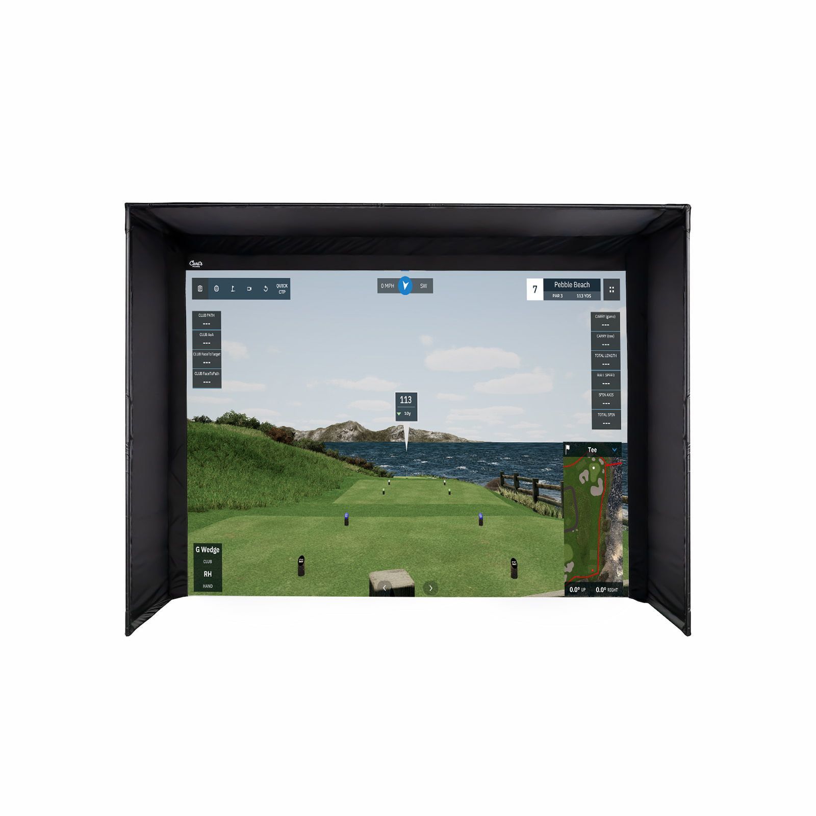 Golf simulator setup with golf bag, ball, and screen displaying a golf course scene.