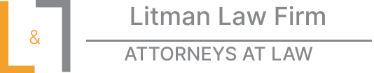 Logo for Litman Law Firm with an orange and gray design. Text: