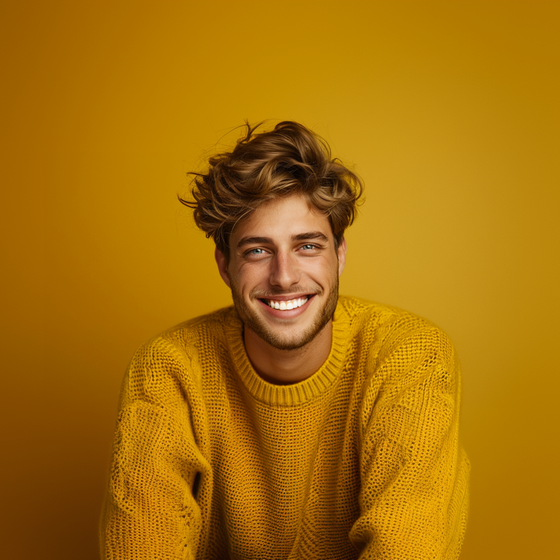 The man is wearing a yellow sweater and smiling.