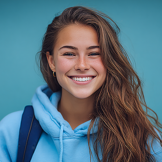 Young woman with long brown hair and freckles, smiling brightly, wearing a blue hoodie and backpack against a teal background.