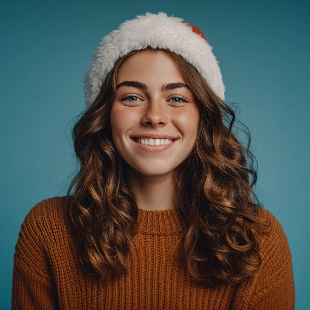Woman with curly brown hair wearing a Santa hat and a brown sweater, smiling against a blue background.