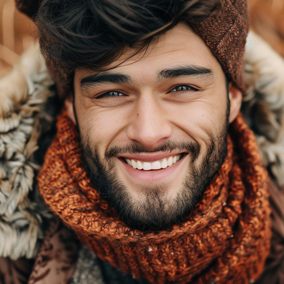 A man wearing a scarf and a hat is smiling for the camera.