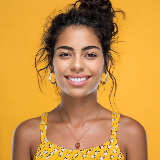 A woman wearing sunglasses and a striped tank top is smiling.