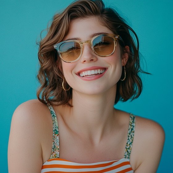 A woman wearing sunglasses and a striped tank top is smiling.
