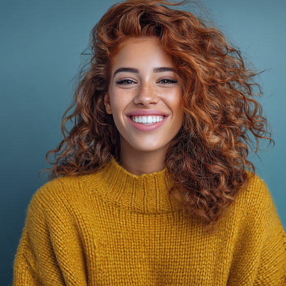 Woman with curly auburn hair, freckles, and a bright smile, wearing a yellow sweater, against a teal background.