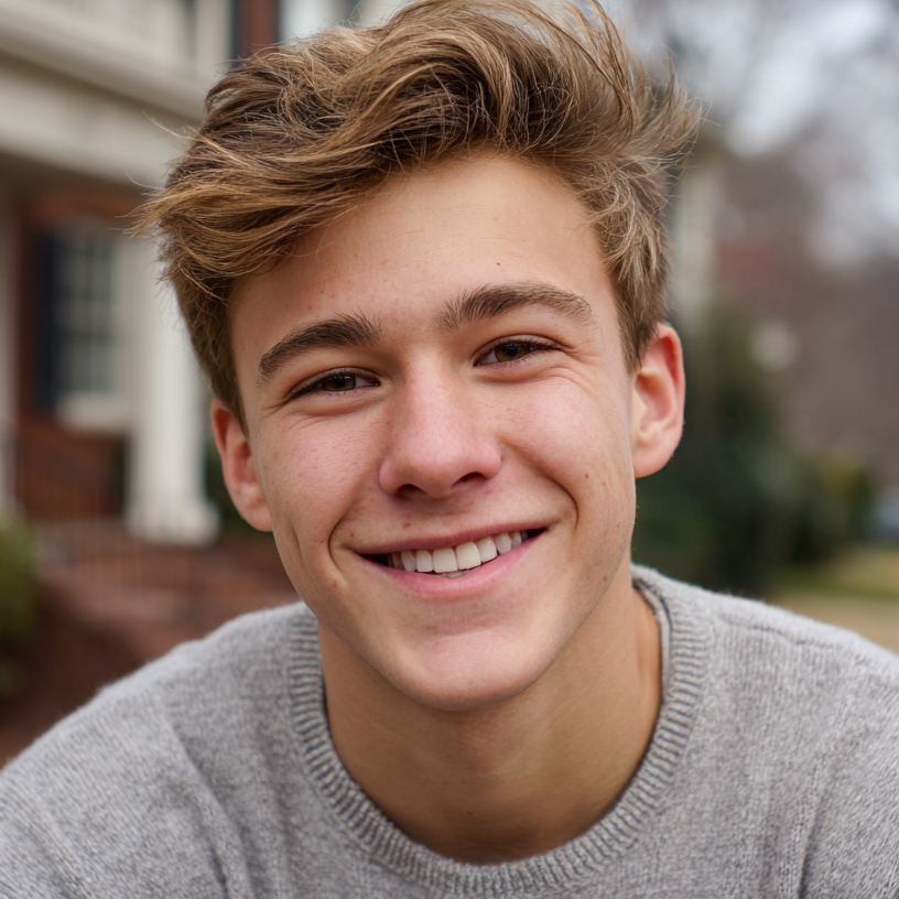 A person with light brown hair and a bright smile wearing a grey sweater in an outdoor setting.