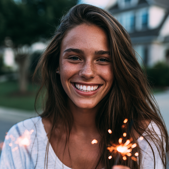 Smiling woman outdoors with sparklers, warm evening light, and a house in the background