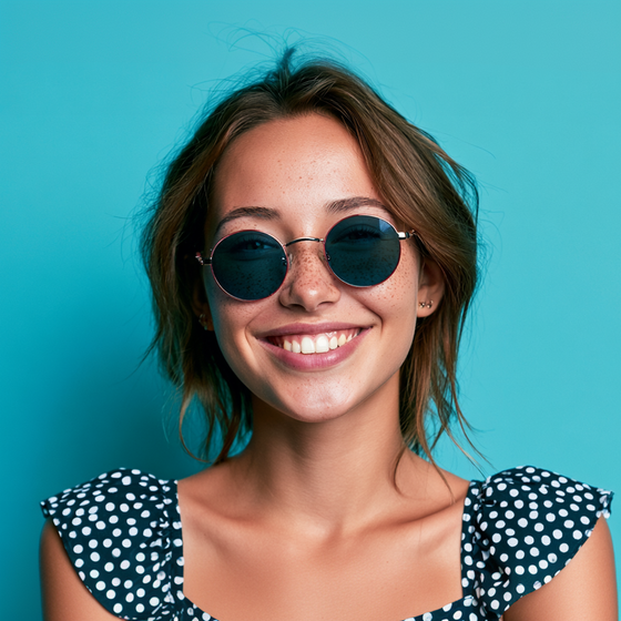 Smiling person wearing round sunglasses against a turquoise background
