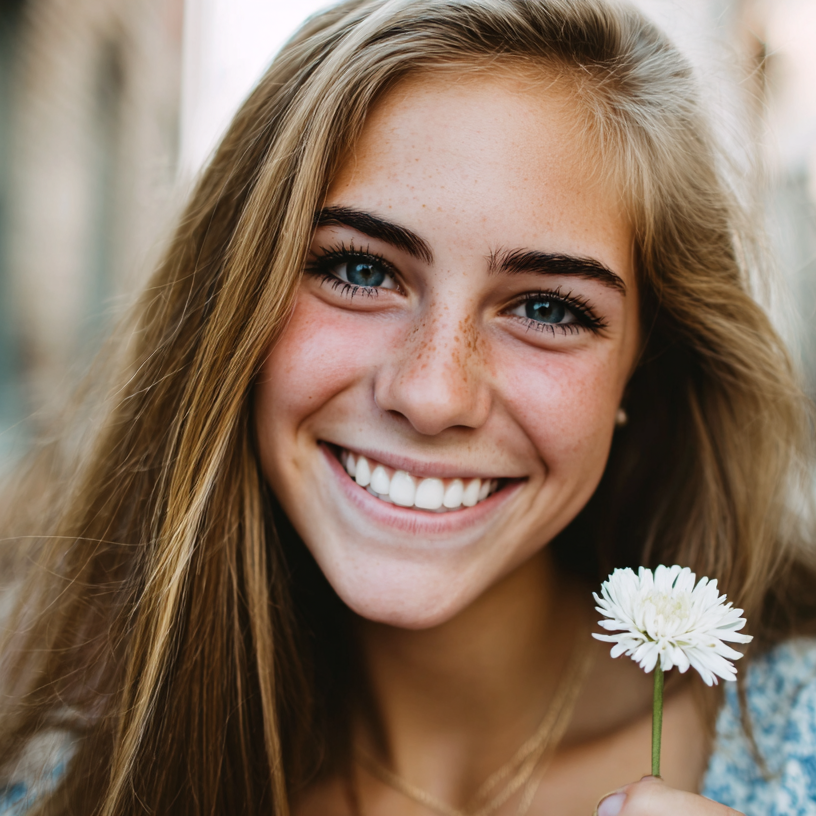 Woman with long brown hair, freckles, blue eyes, smiling, holding a white flower.