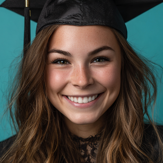 Smiling graduate in a black cap against a teal background