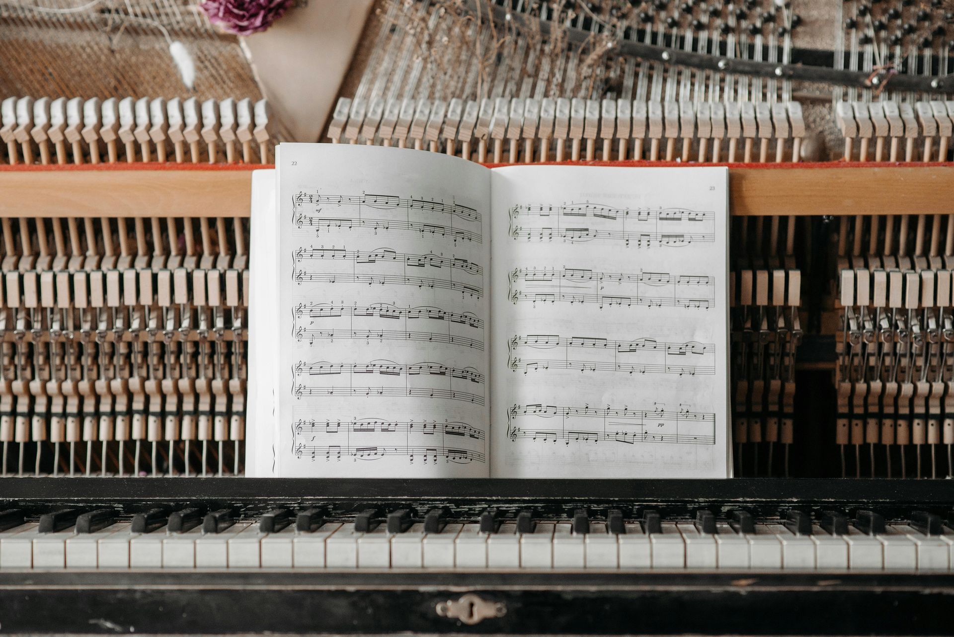 Sheet music open on the inner workings of a piano. Keyboard in foreground, strings and hammers visible.