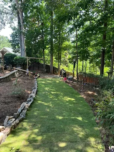 Green lawn path through a wooded yard, bordered by stone wall and plants. Sunlight, trees, and people present.