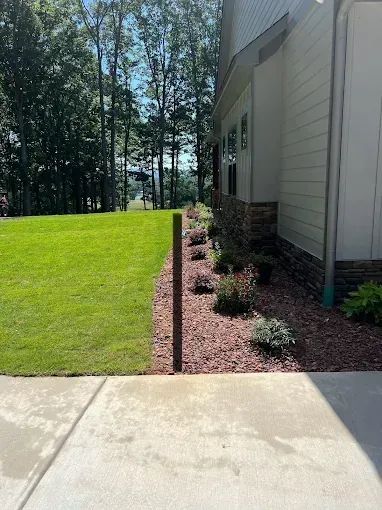 Lawn with trimmed edge next to a garden bed with red mulch and small plants, along a building with a stone facade.