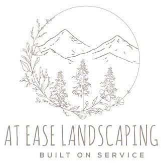 Logo: Mountains and trees in a circle, surrounded by greenery. "At Ease Landscaping" text below.
