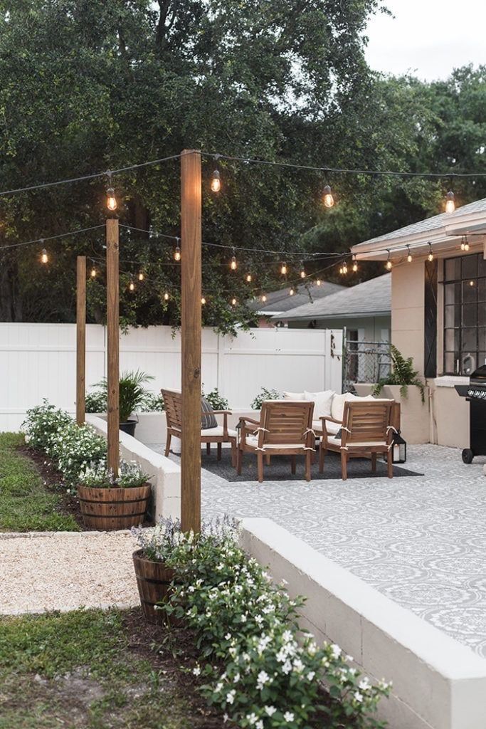 Backyard patio with string lights, wooden furniture, and garden beds.