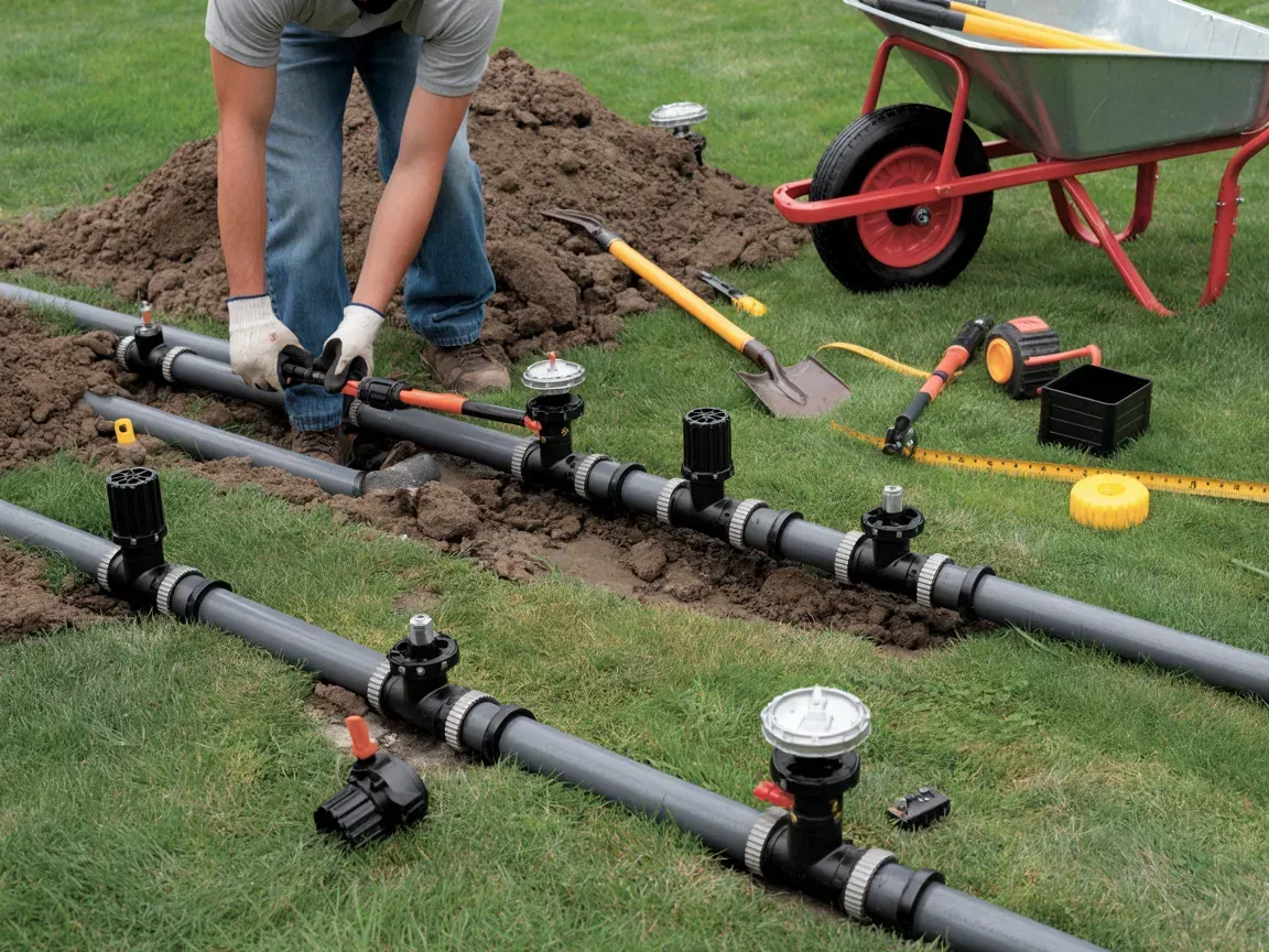 Person installing irrigation system in a grassy yard, using tools and pipes.