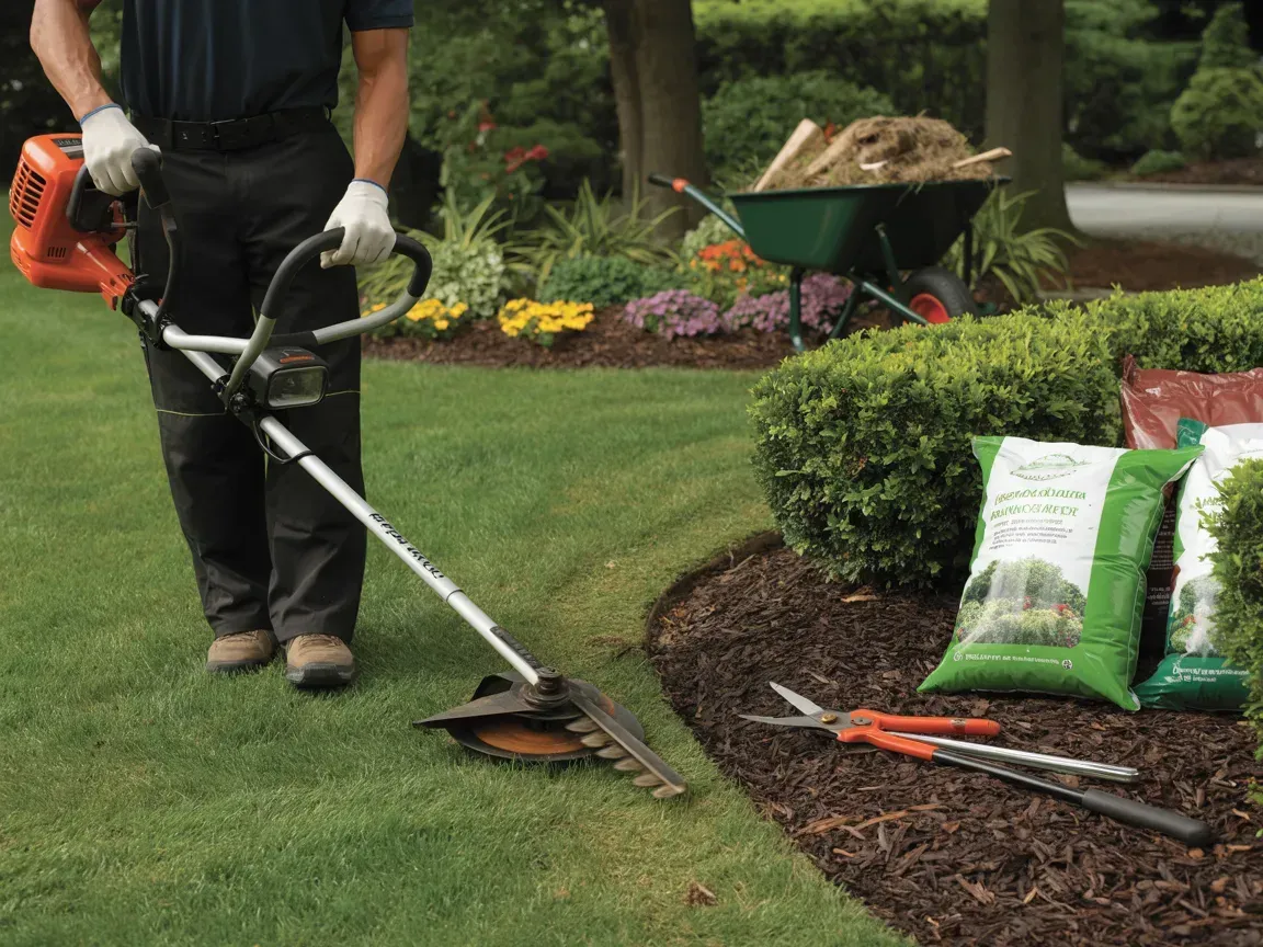 Man edging lawn with a trimmer next to flower bed with mulch, gardening tools, and bags of soil.
