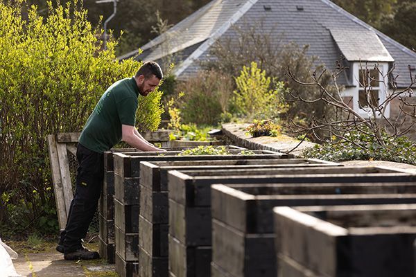 Man tending compost bins in a garden; house and bushes in background.