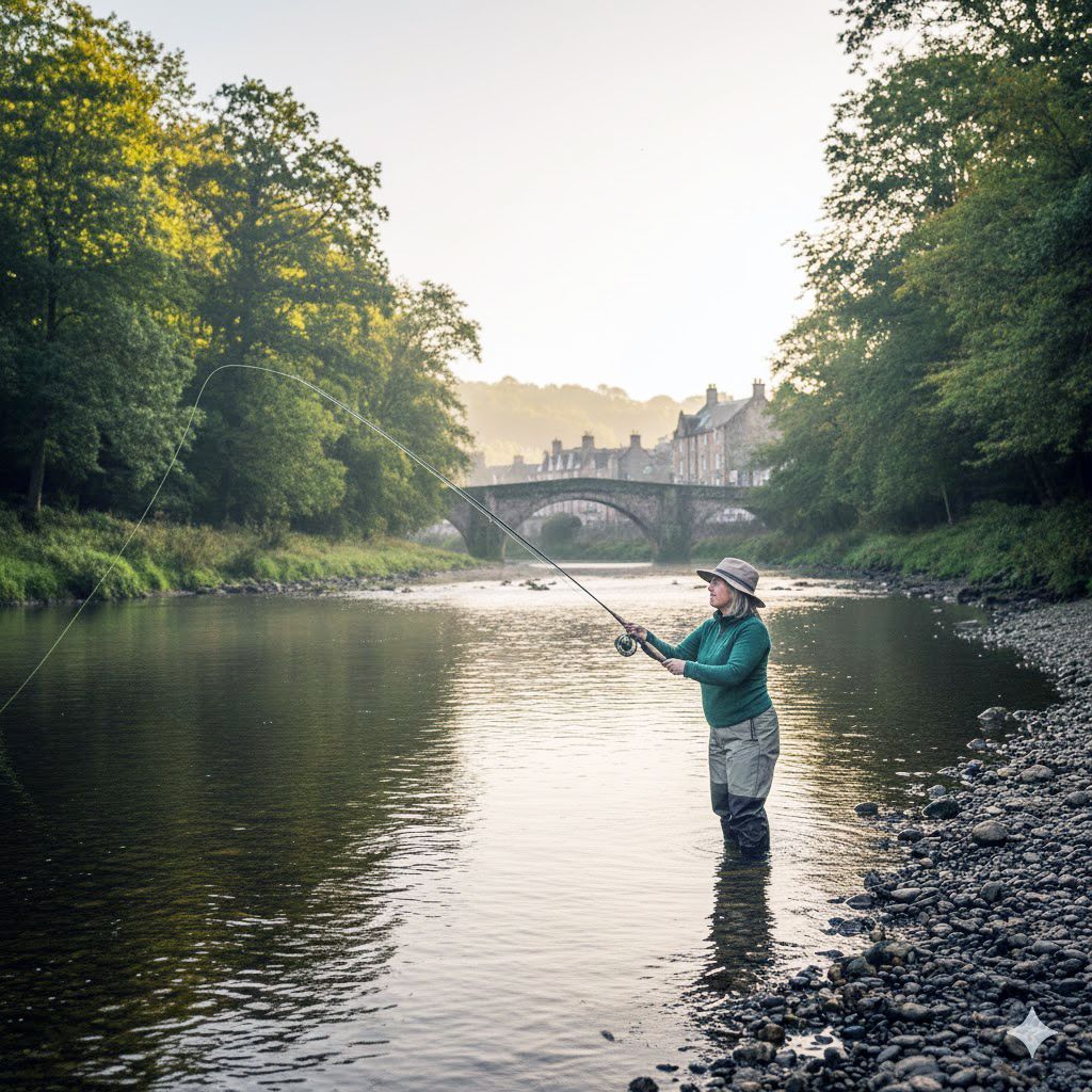 Person fishing in a river, wearing waders, with a stone bridge and trees in the background.