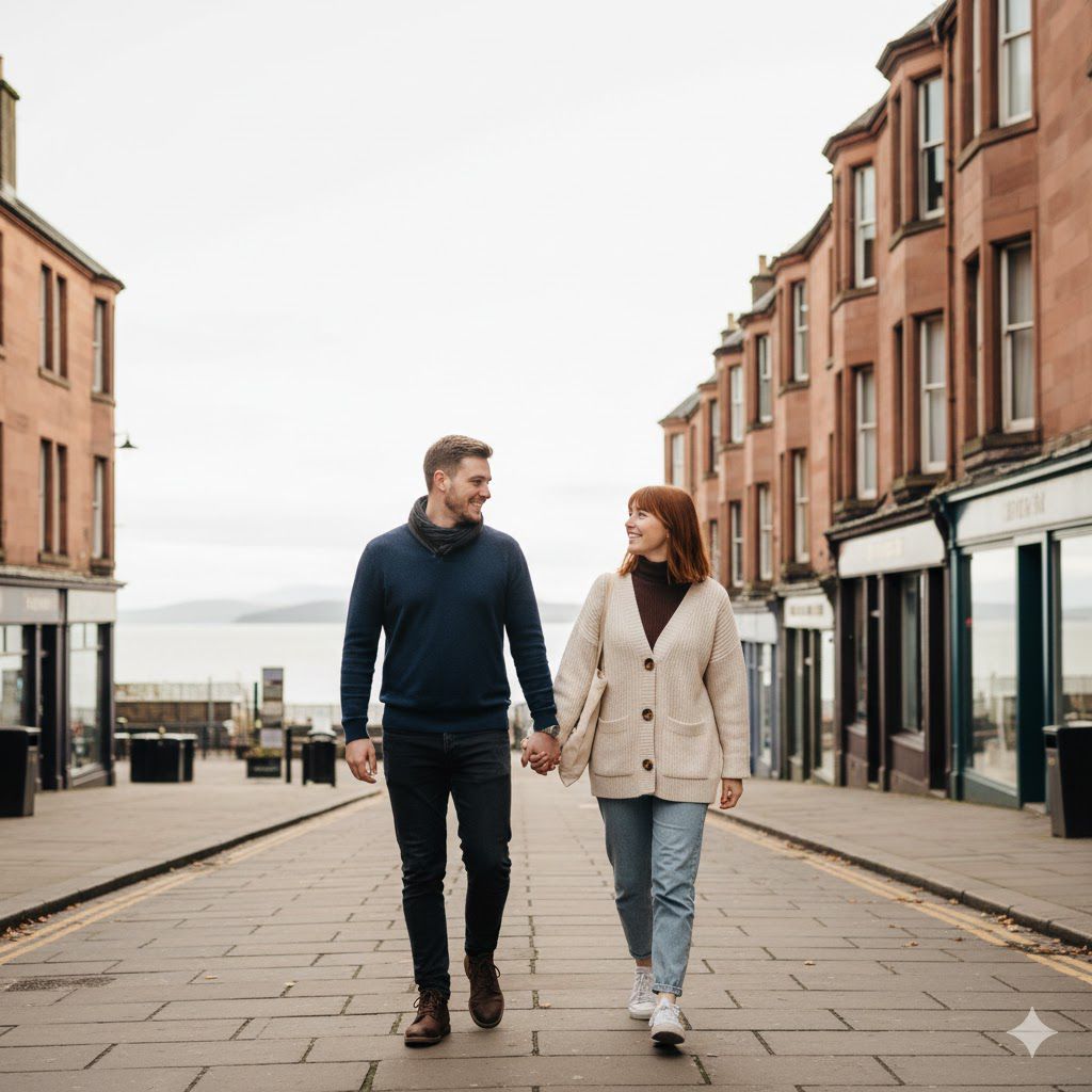 Couple holding hands, walking towards camera on cobblestone street. Red brick buildings and water in background.
