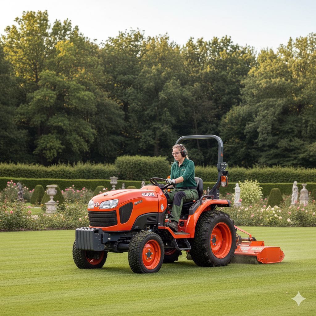 A person operating an orange tractor mowing a grassy lawn in a garden setting.