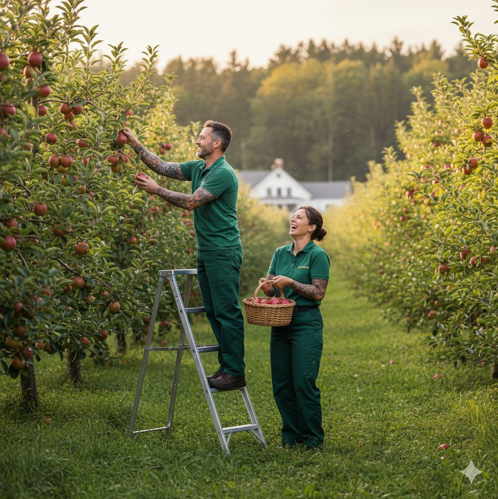 Two people harvesting apples in an orchard, wearing green uniforms. Man on a ladder picking apples, woman holding a basket.