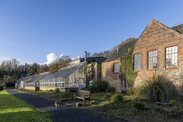 Greenhouses and a brick building next to a pathway under a blue sky, sunlight casts shadows.