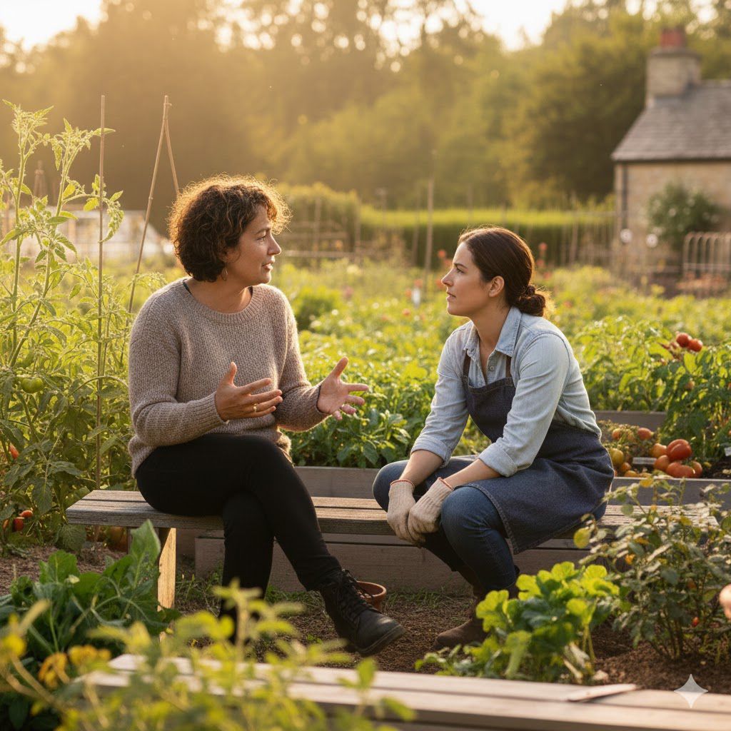 Two people converse on a garden bench in a sunny garden. One gestures with hands.