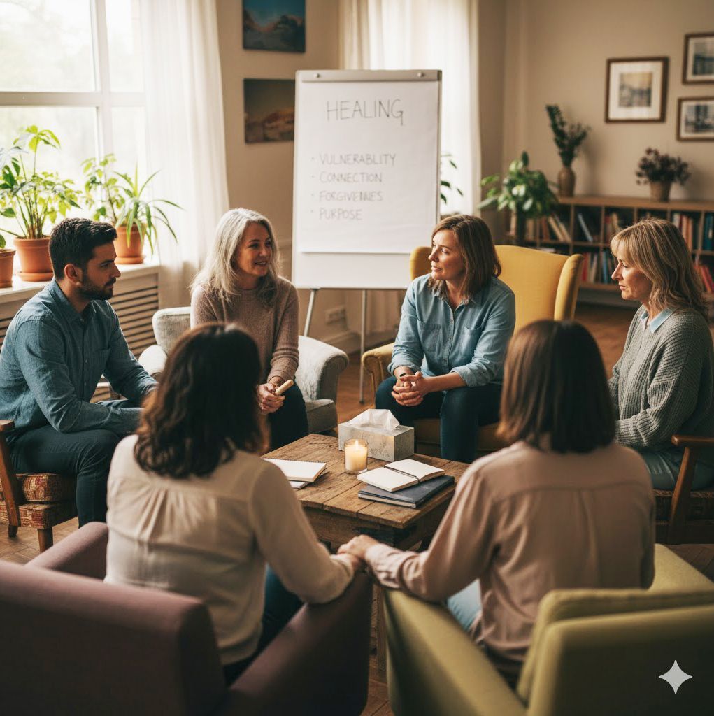 People in a circle during a therapy session. Whiteboard with 