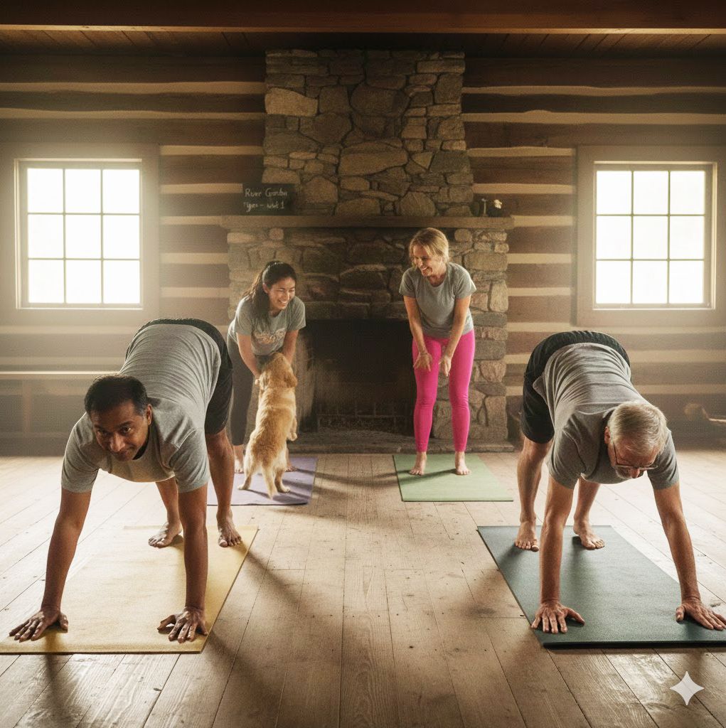 People doing yoga indoors with a dog. Log cabin setting with a fireplace, sunny windows, and wooden floor.