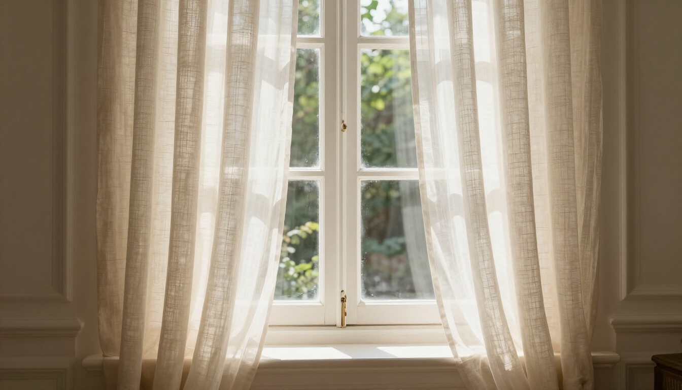 Sheer curtains framing a sunlit window with greenery visible outside