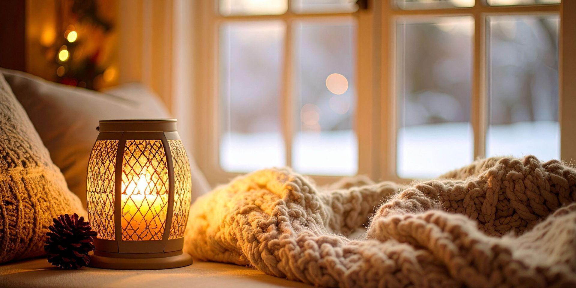 Cozy scene: lit lantern on a windowsill next to a knitted blanket, with a snowy outdoor view.