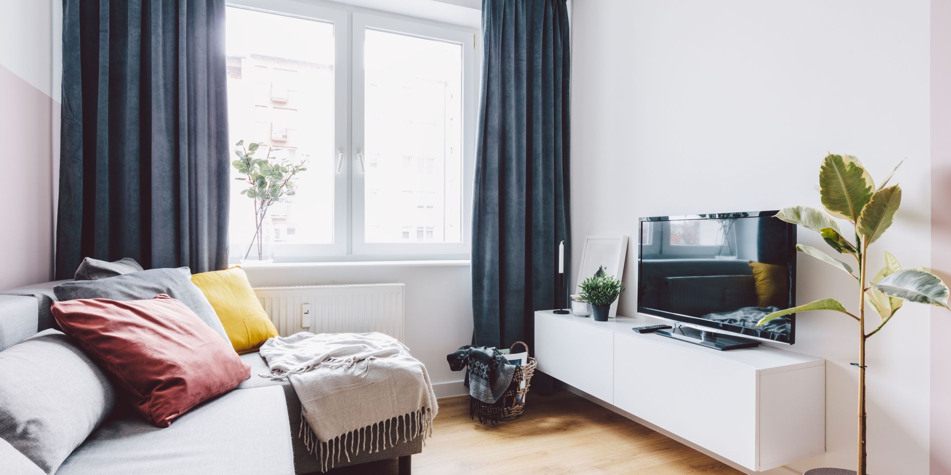 Living room with a couch, TV, and large window. The room has neutral colors and a plant.