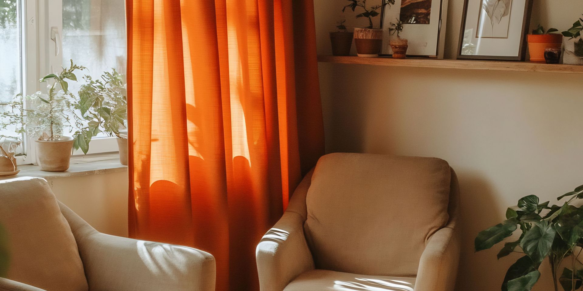 A living room with a chair and a window with orange curtains.