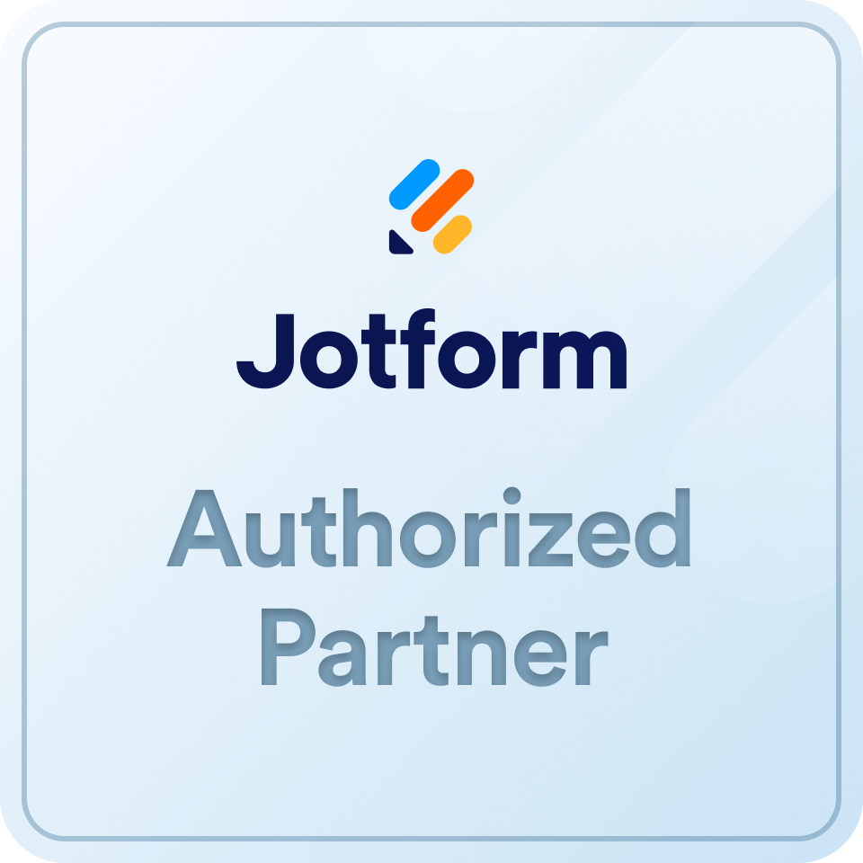 Jotform Authorized Partner badge with logo and text on a gradient blue background.