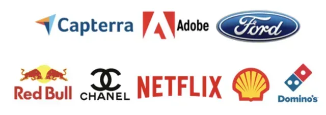 Logos of Capterra, Adobe, Ford, Red Bull, Chanel, Netflix, Shell, and Domino's.