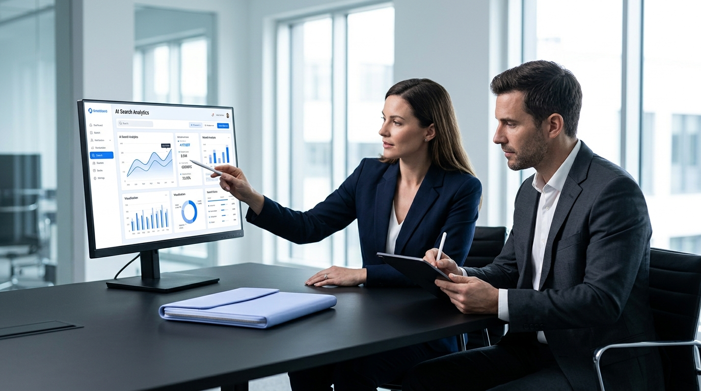 Professional team reviews business data dashboards on a computer screen in a bright office conference room.