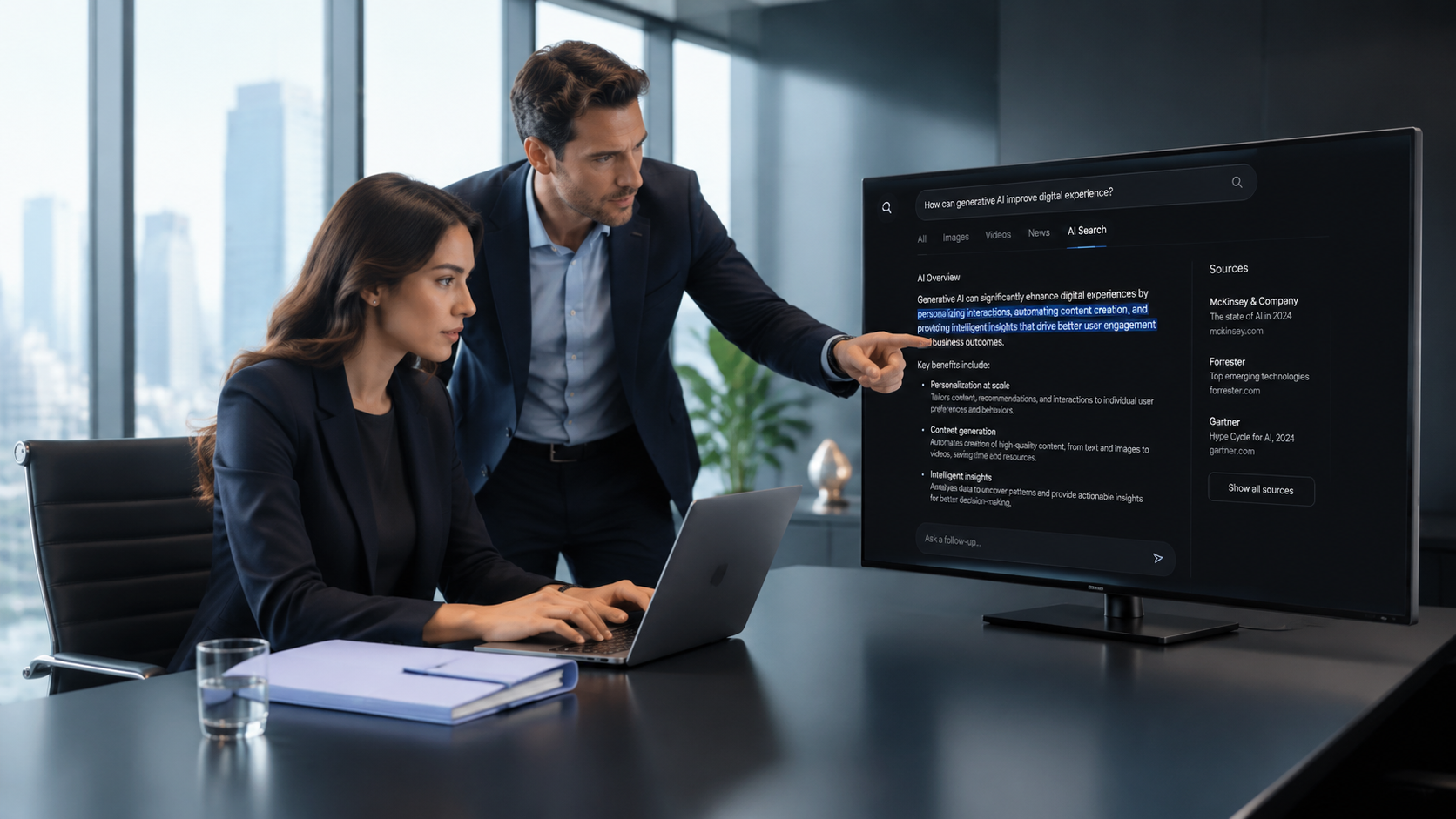 Two coworkers reviewing data on a large monitor in a modern office, with a laptop on the table.