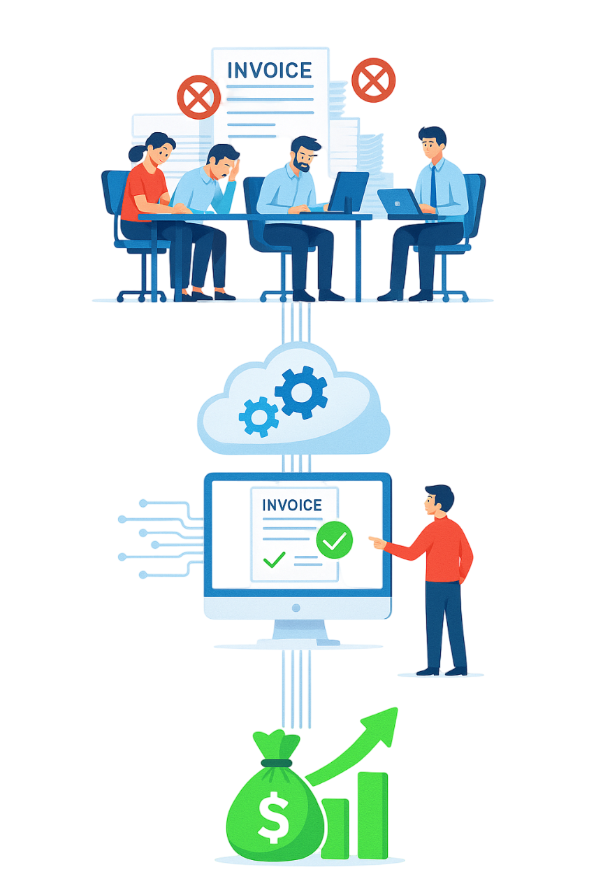 Illustration of a business team reviewing data, representing enterprise solutions.