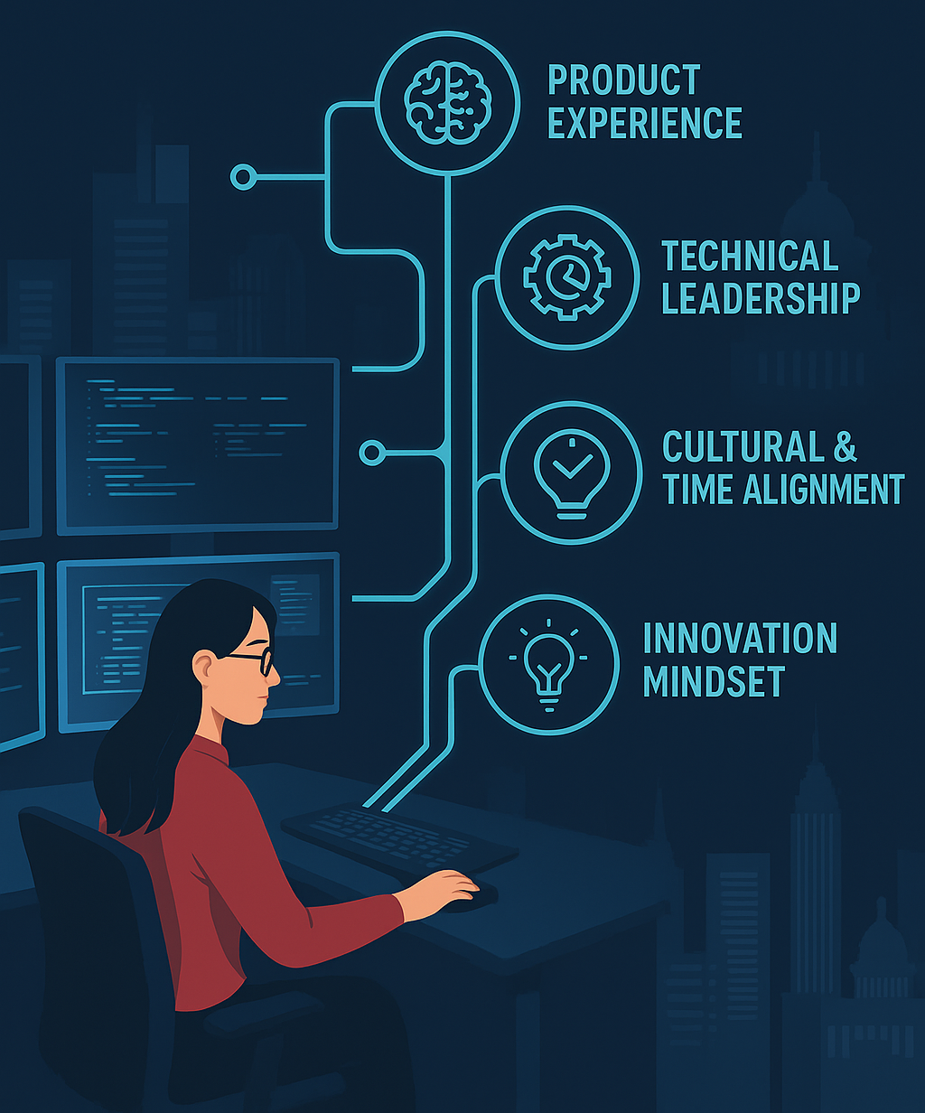 Flat vector graphic illustrating real-time collaboration, strong English proficiency, and elite talent sourcing.