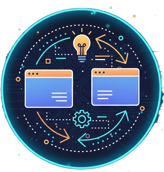 Business illustration of two professionals analyzing financial charts and tech performance dashboards.