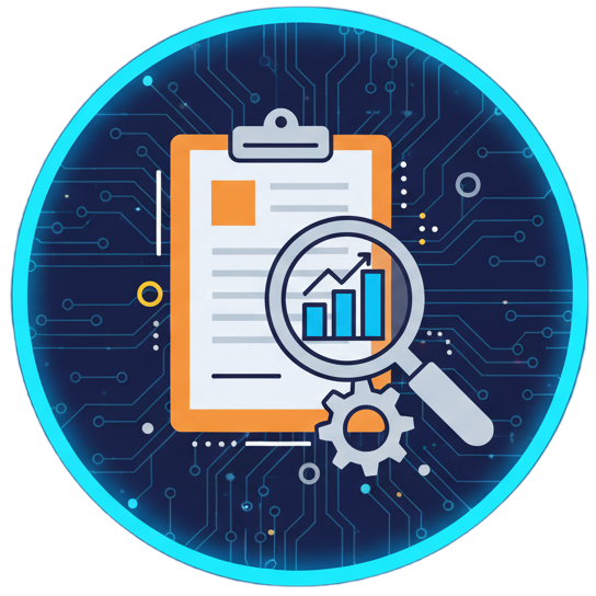 Business illustration of two professionals analyzing financial charts and tech performance dashboards.