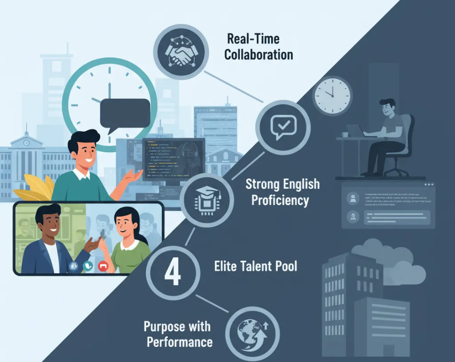 Flat vector graphic illustrating real-time collaboration, strong English proficiency, and elite talent sourcing.