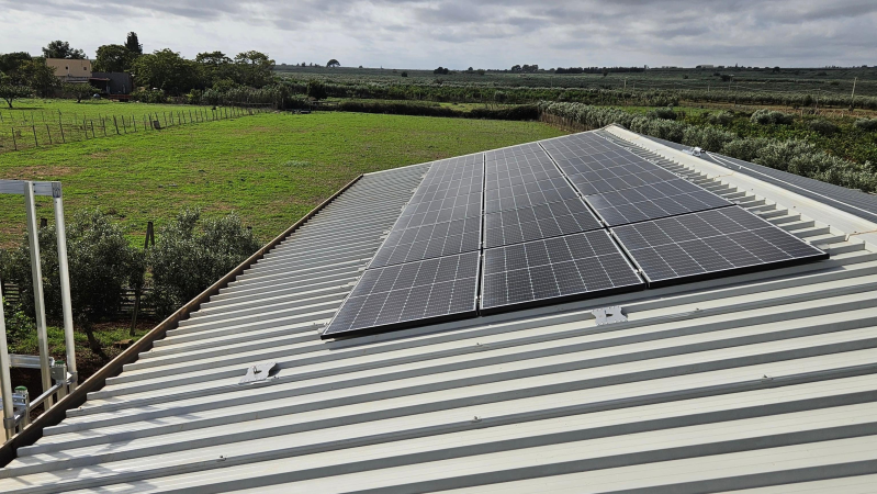 Pannelli solari installati su un tetto in lamiera ondulata, con un campo verde e un cielo nuvoloso sullo sfondo.