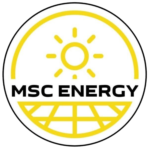 Sole giallo sopra i pannelli solari, all'interno di un cerchio; testo 