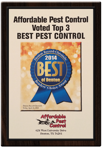 A plaque that says affordable pest control voted top 3 best pest control