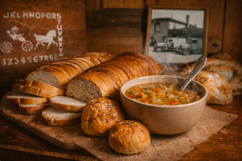 A hot, fresh bowl of soup surrounded by fresh baked bread and rolls.