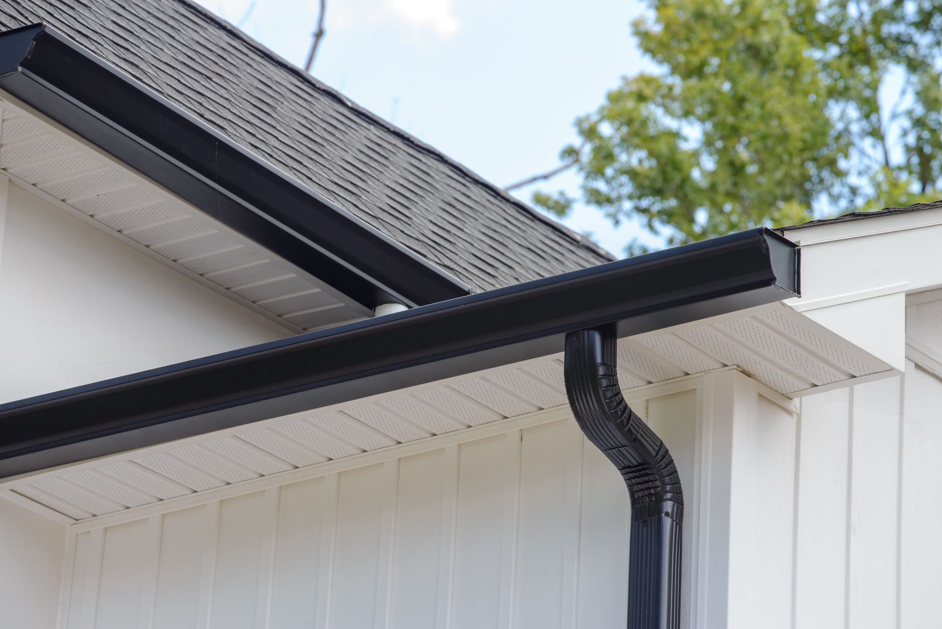 Black gutters and a downspout attached to the white siding and eaves of a building under a shingled roof.