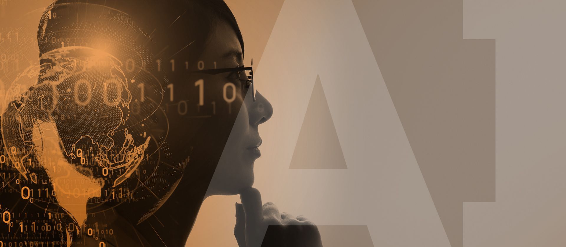 Woman pensively looking, hand on chin, with text AI and ones and zeros floating.