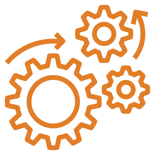 A set of gears with arrows pointing in opposite directions.